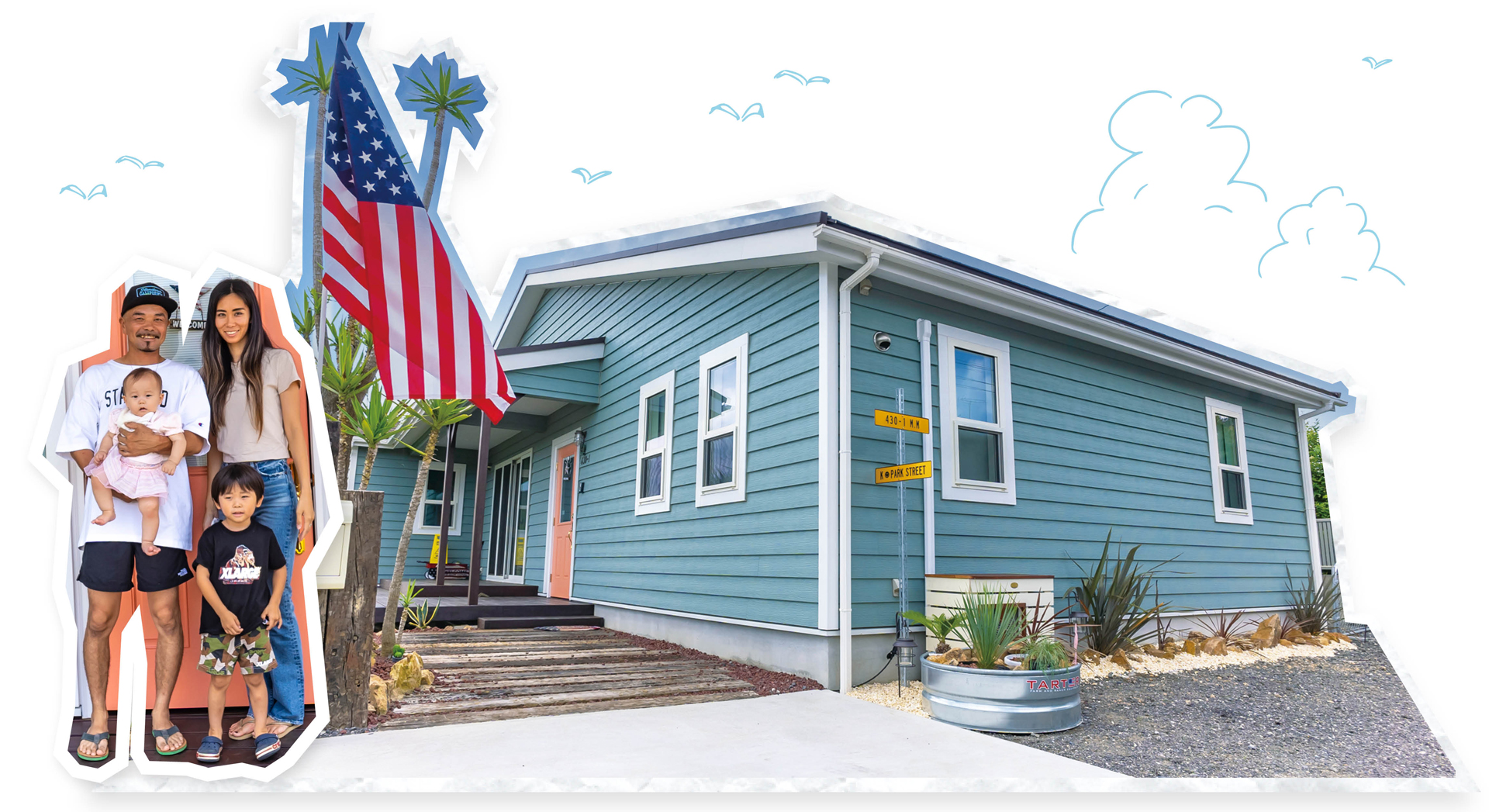 アメリカンサーフスタイルの住まいとオーナーご家族